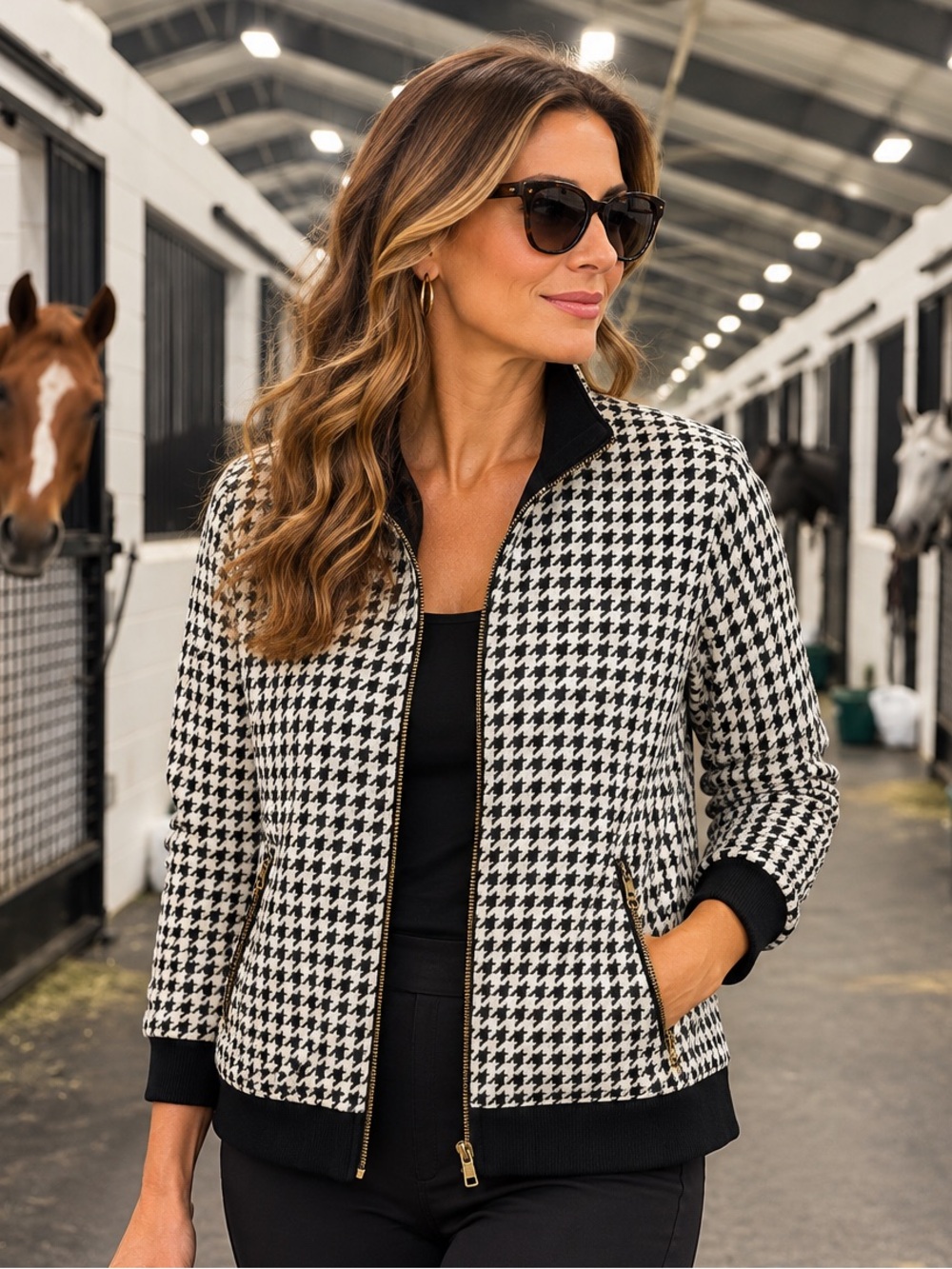 Chicos Travelers Houndstooth Zip Jacket Black White Size 3 XL 16-18